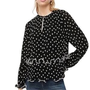 NWT J.Crew Womens Ruffle-trim Pleated Peplum Top L Black White Polka Dot AI032